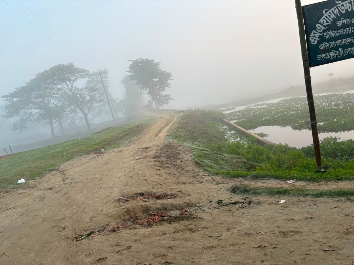 কুয়াশার চাদরে মোড়া পূর্বপাড়া ব্রিজের শীতের সকাল